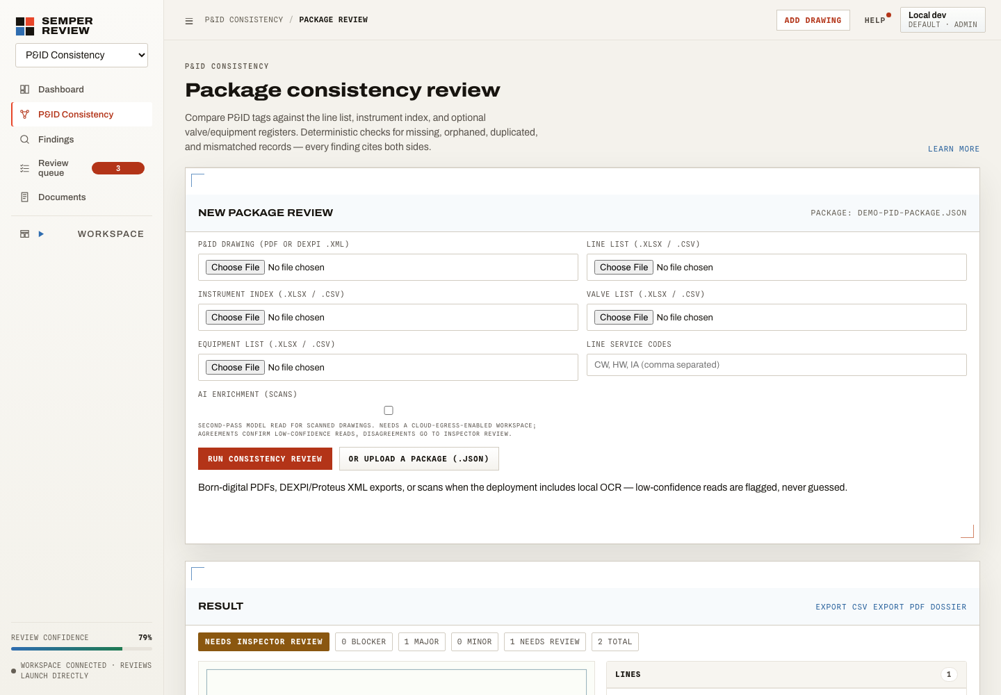 P&ID Consistency synthetic demo showing a package consistency review workspace